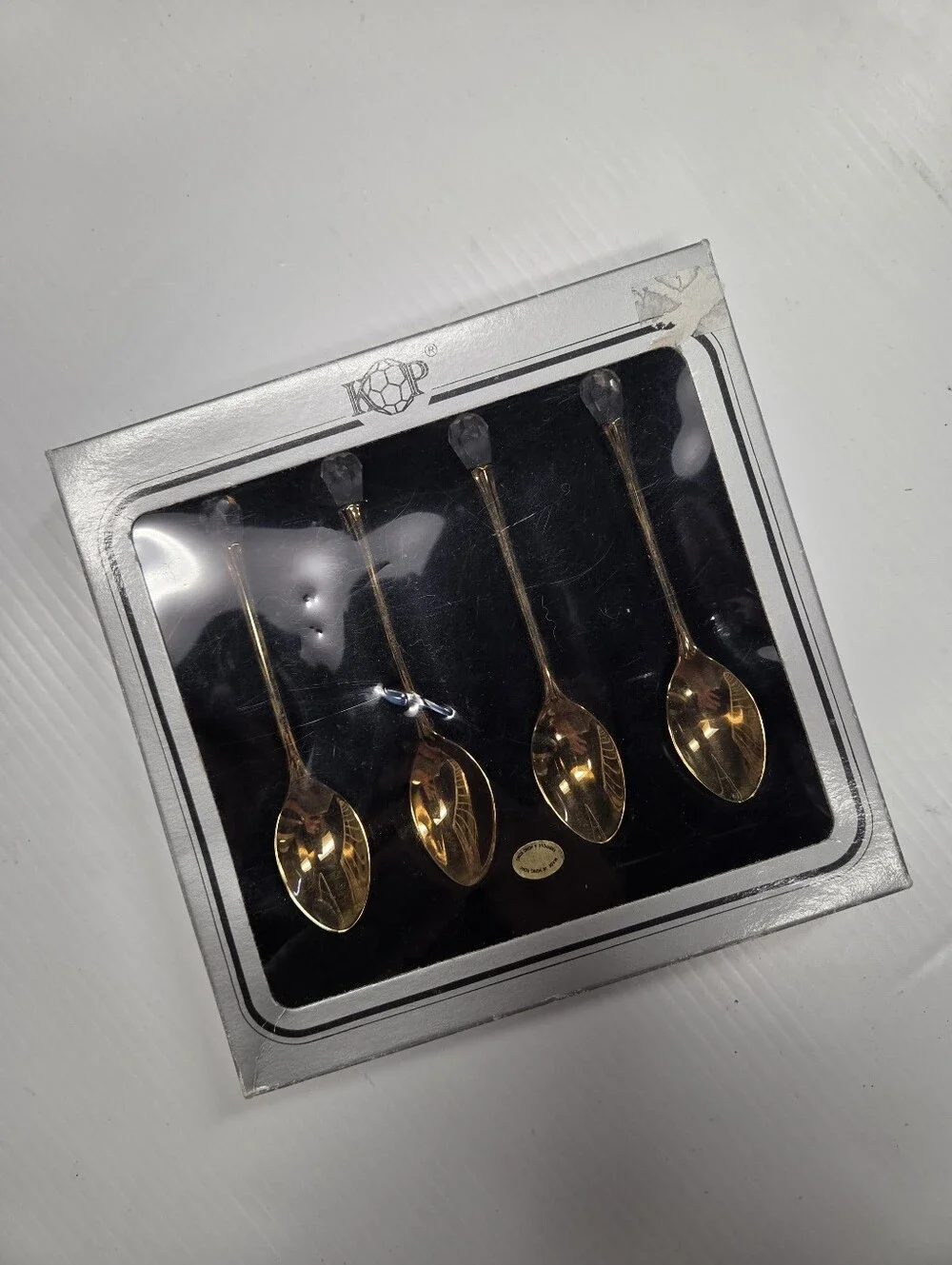 KP 24K Gold Plated Demitasse Spoons Set 4 Swarovski Strass Crystal Vintage Box